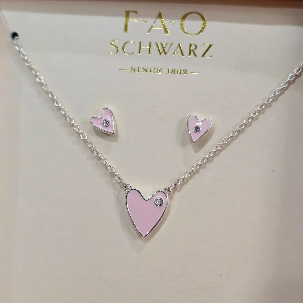 FAO Schwarz ✦ Pink Mother of Pearl Heart Set ✦ Swarovski Necklace & Earrings NWT